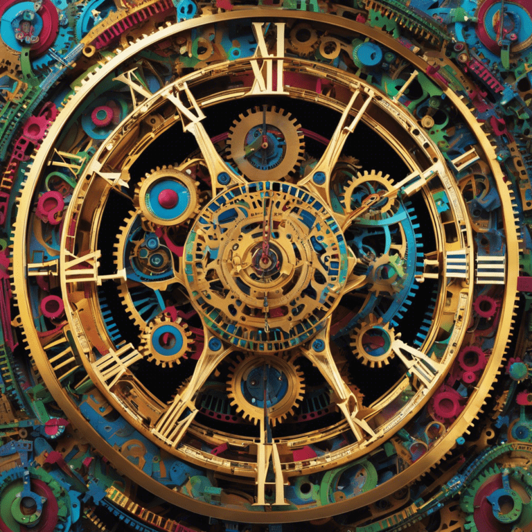 Ize a clock with 13 numbered, vibrant gears instead of hours, each gear interlocking with a laptop displaying code on the screen, representing the process of learning programming